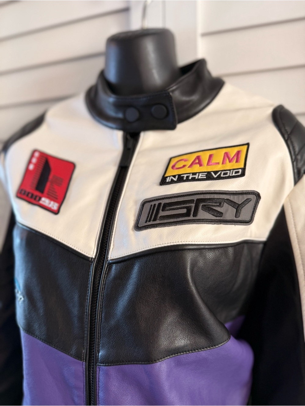 Bershka Faux Leather Racing Colour Block Moto Jacket Purple Y2K Size Medium M - Picture 6 of 17